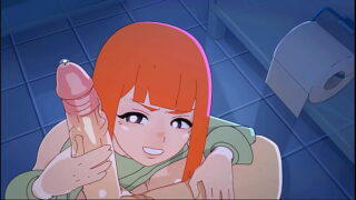 Rothaariges süßes Mädchen, unglaublicher Blowjob im öffentlichen Badezimmer, ANIME